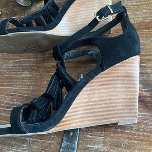 Black Suede Tassel Wedge Sandals